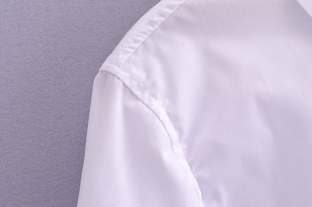 Camisa corta de popelina con cuello elegante y color blanco puro para mujer, primavera y verano