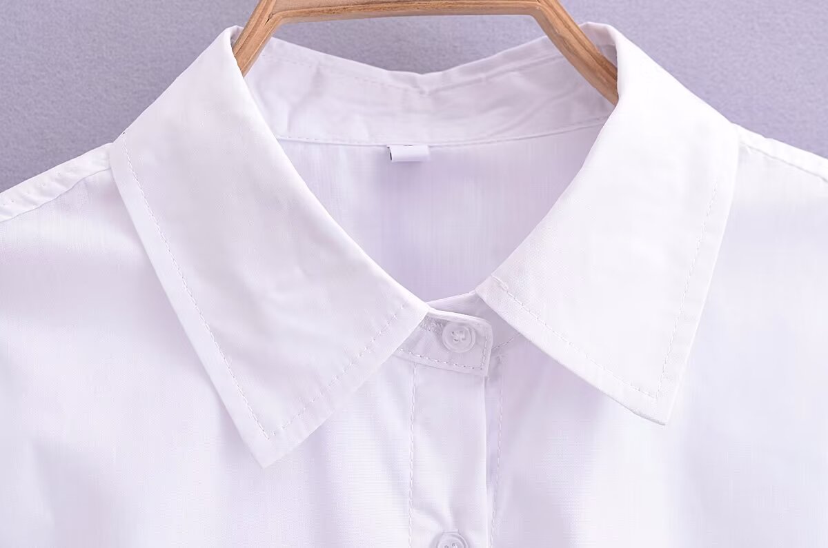 Damenbekleidung Frühling Sommer Reinweiß Elegantes Popeline-Kurzes Cropped-Shirt mit Kragen