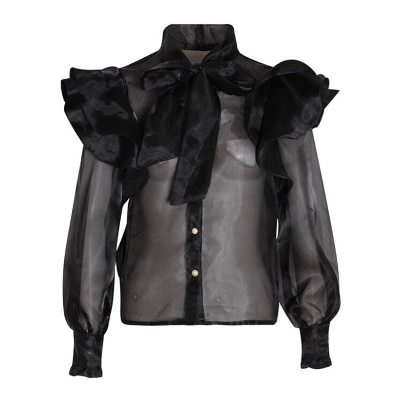 Spring Solid Color Sexy See through Shirt Women Stand up Collar Tie Patchwork Ruffled Long Sleeve Slim Shirt