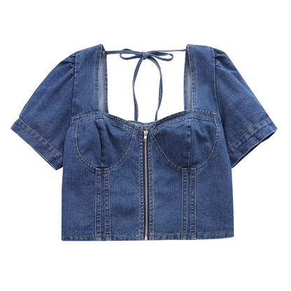 Niche Short Slim Fit Shirt Spring Summer Short Sleeve Square Collar Bottoming Denim Top Women