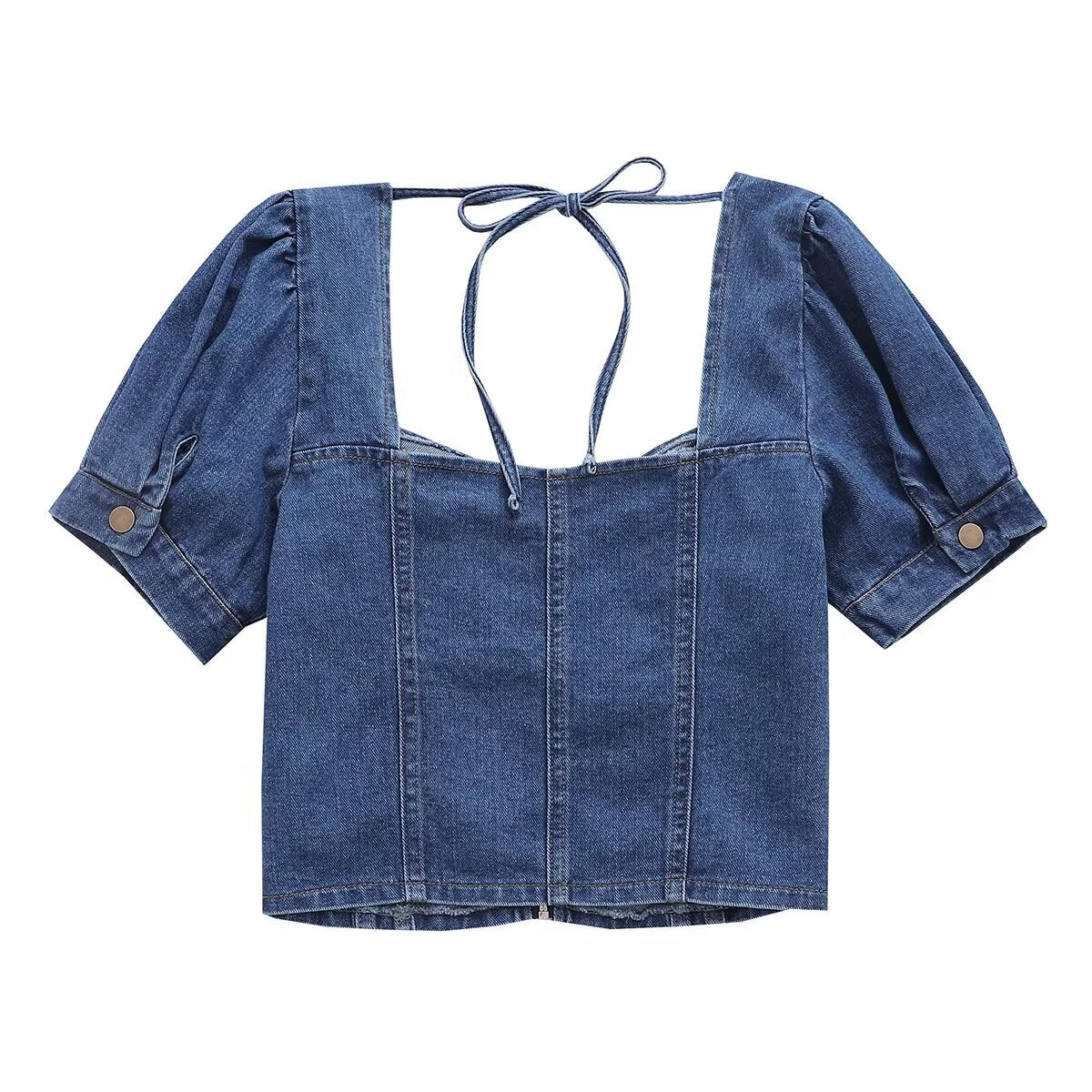 Niche Short Slim Fit Shirt Spring Summer Short Sleeve Square Collar Bottoming Denim Top Women