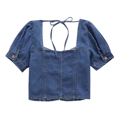 Niche Short Slim Fit Shirt Spring Summer Short Sleeve Square Collar Bottoming Denim Top Women