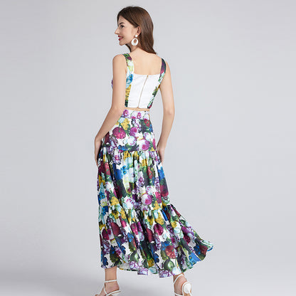 Sexy Printed Small Lace Stitching Three Dimensional Strapless Halter Skirt Two Piece Set