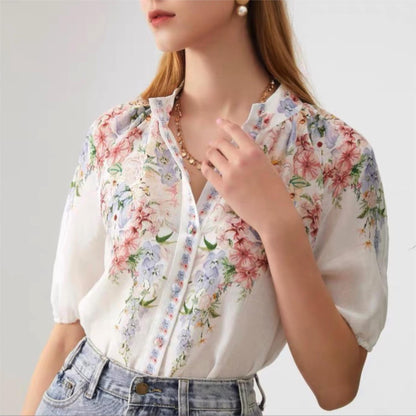 Ropa de mujer Camisa de cuello redondo informal holgada de manga larga con estampado francés que combina con todo