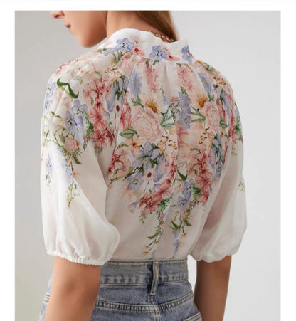 Ropa de mujer Camisa de cuello redondo informal holgada de manga larga con estampado francés que combina con todo