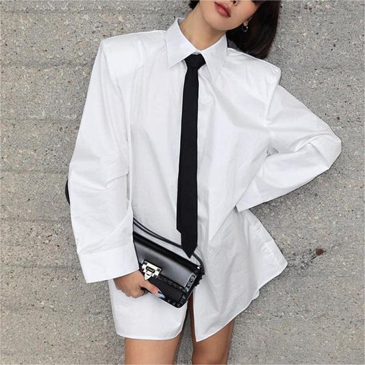 Spring Women Cotton Long Sleeved Shirt with Black Tie Loose Long White Shirt