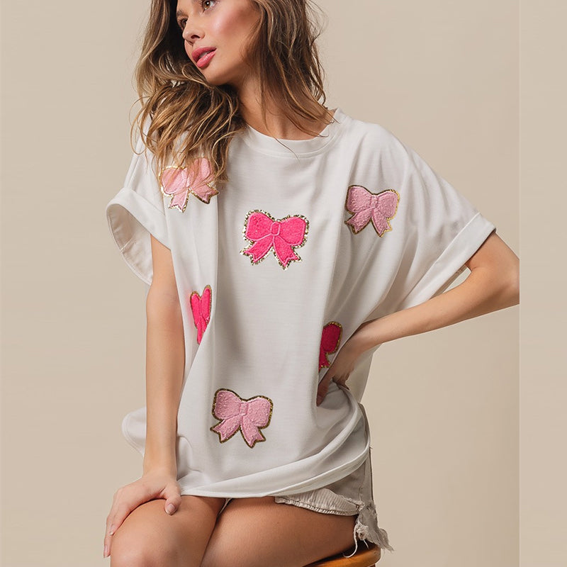 Camiseta de manga corta con bordado de lentejuelas y lazo de lana para mujer de verano