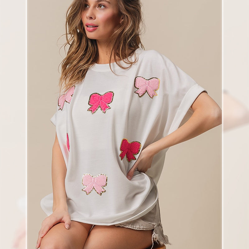 Camiseta de manga corta con bordado de lentejuelas y lazo de lana para mujer de verano