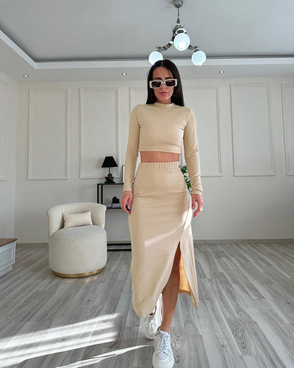 Spring Autumn Solid Color Round Neck Long Sleeve Women Two Piece Suit Split Skirt Set