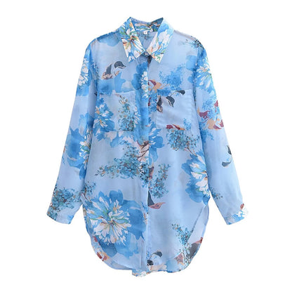 Summer Irregular Asymmetric Pattern Print Collared Sleeve Two Way Shirt