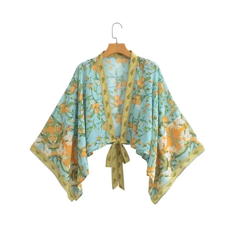 Summer Positioning Printed Kimono Knot Tie Loose Sun Protection Top Women