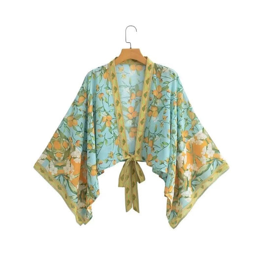 Summer Positioning Printed Kimono Knot Tie Loose Sun Protection Top Women