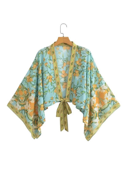 Summer Positioning Printed Kimono Knot Tie Loose Sun Protection Top Women