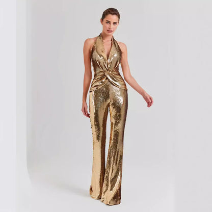 Summer High End Elegant Sequined Light Luxury Halter Jumpsuit Cocktail Host Annual Meeting Performance Dress for Women