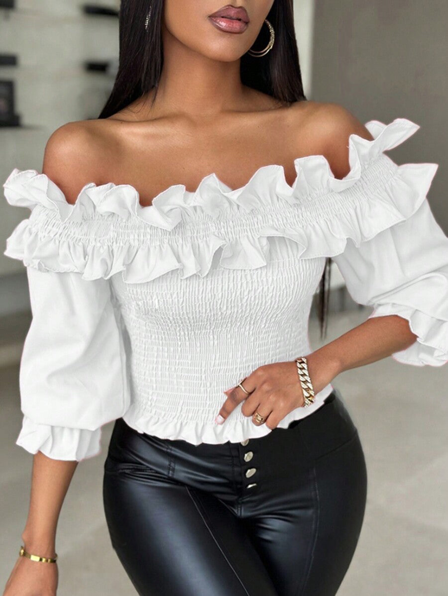 Damen Frühling Schlank Solid Off Shoulder Top