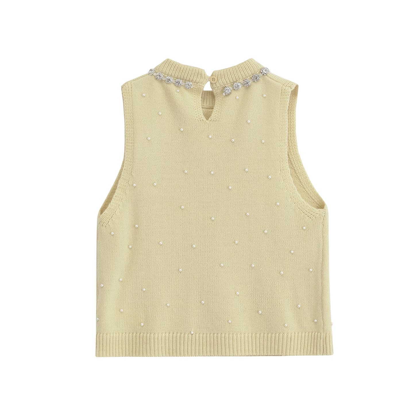 Spring Women Artificial Pearl Jewelry Inlaid Knitted Top