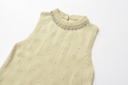 Spring Women Artificial Pearl Jewelry Inlaid Knitted Top