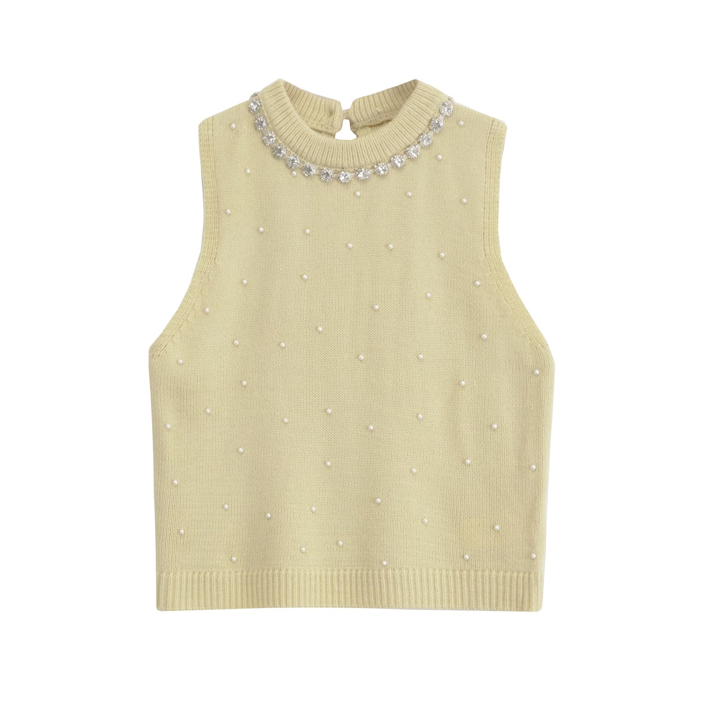 Spring Women Artificial Pearl Jewelry Inlaid Knitted Top