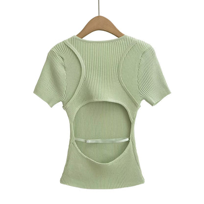 Women Clothing French Back Hollow Out Cutout Short Sleeve Sweater