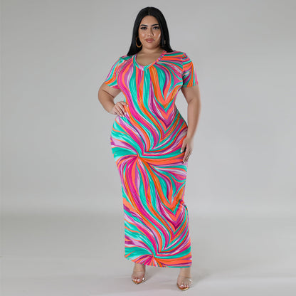 Plus Size Oversized Knit Dress Geometric Abstract Pattern Digital Printing Short Sleeve V neck Dress Slits