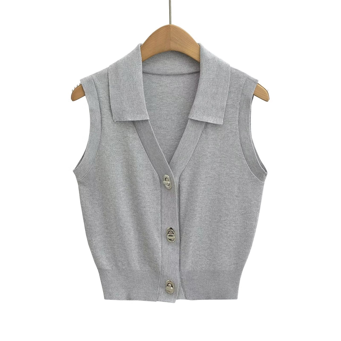 Women Clothing Office Stretch Comfortable Collared Sleeveless Knitwear