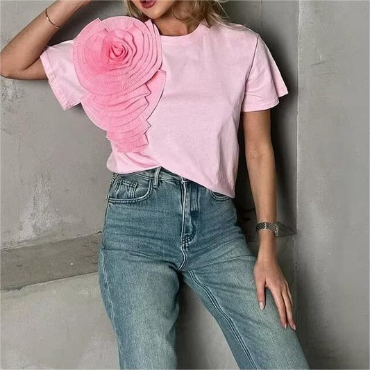 Spring Women Three Dimensional Floral Solid Color Round Neck Short Sleeves T Shirt