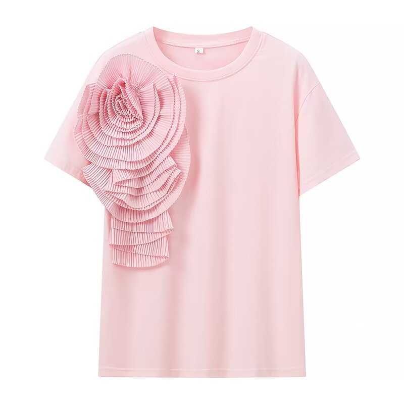 Camiseta de manga corta con cuello redondo y estampado floral tridimensional para mujer de primavera