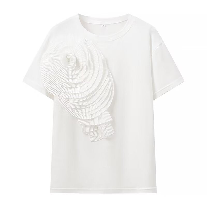 Frühling Frauen Dreidimensionale Floral Volltonfarbe Rundhals Kurzarm T Shirt