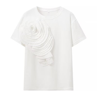 Camiseta de manga corta con cuello redondo y estampado floral tridimensional para mujer de primavera