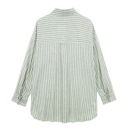 Women Clothing French Striped Loose Casual Linen Blended Long Sleeve Shirt