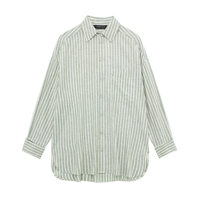 Women Clothing French Striped Loose Casual Linen Blended Long Sleeve Shirt