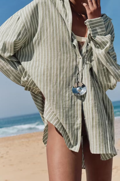 Women Clothing French Striped Loose Casual Linen Blended Long Sleeve Shirt