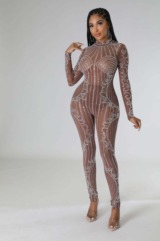 See Through Rhinestone Long Sleeve Cocktail Socialite One Piece