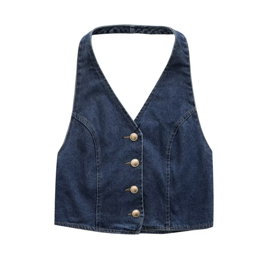 Damen Kleidung Französisch All Match Neckholder Ärmellos Schlank Kurze Jeansweste