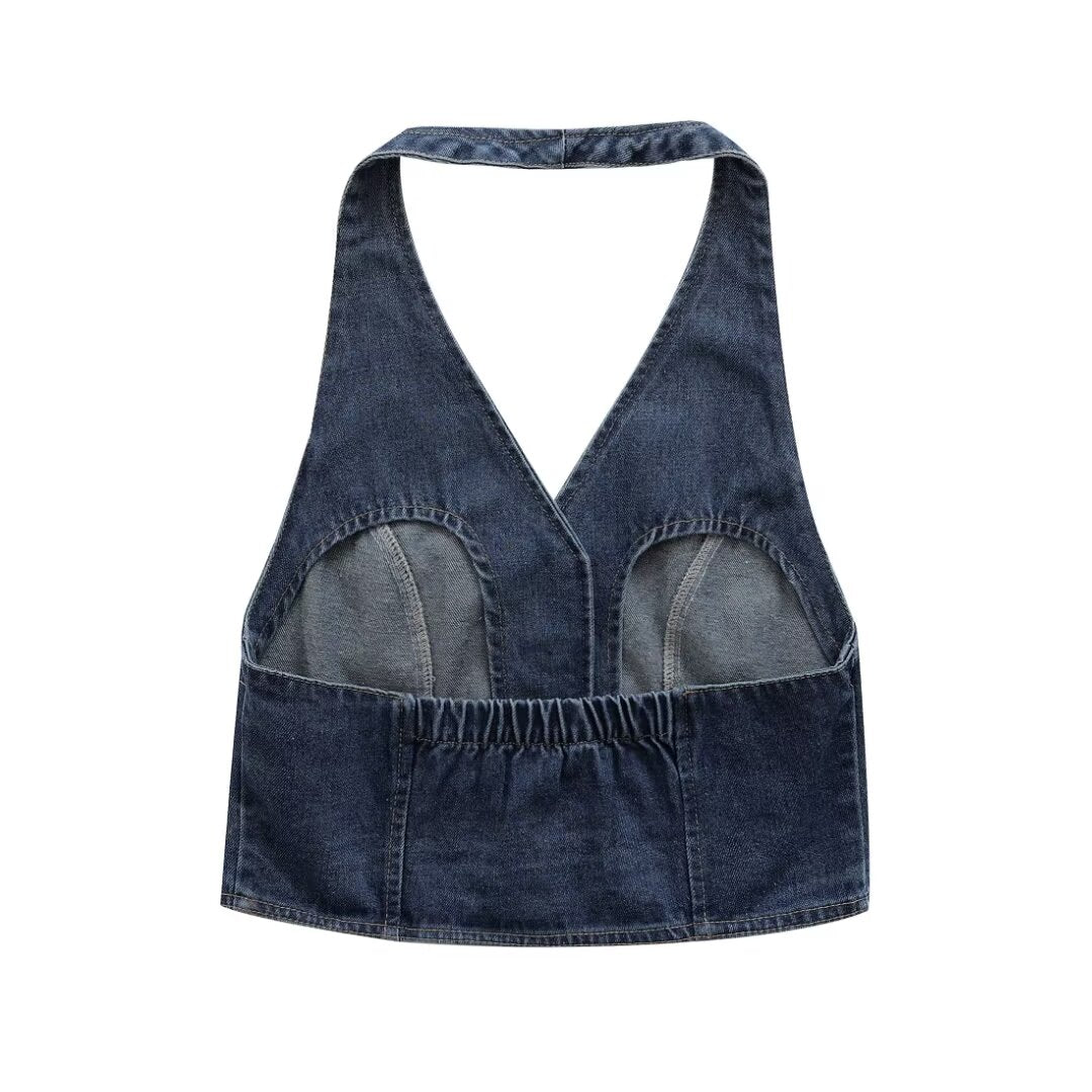 Damen Kleidung Französisch All Match Neckholder Ärmellos Schlank Kurze Jeansweste