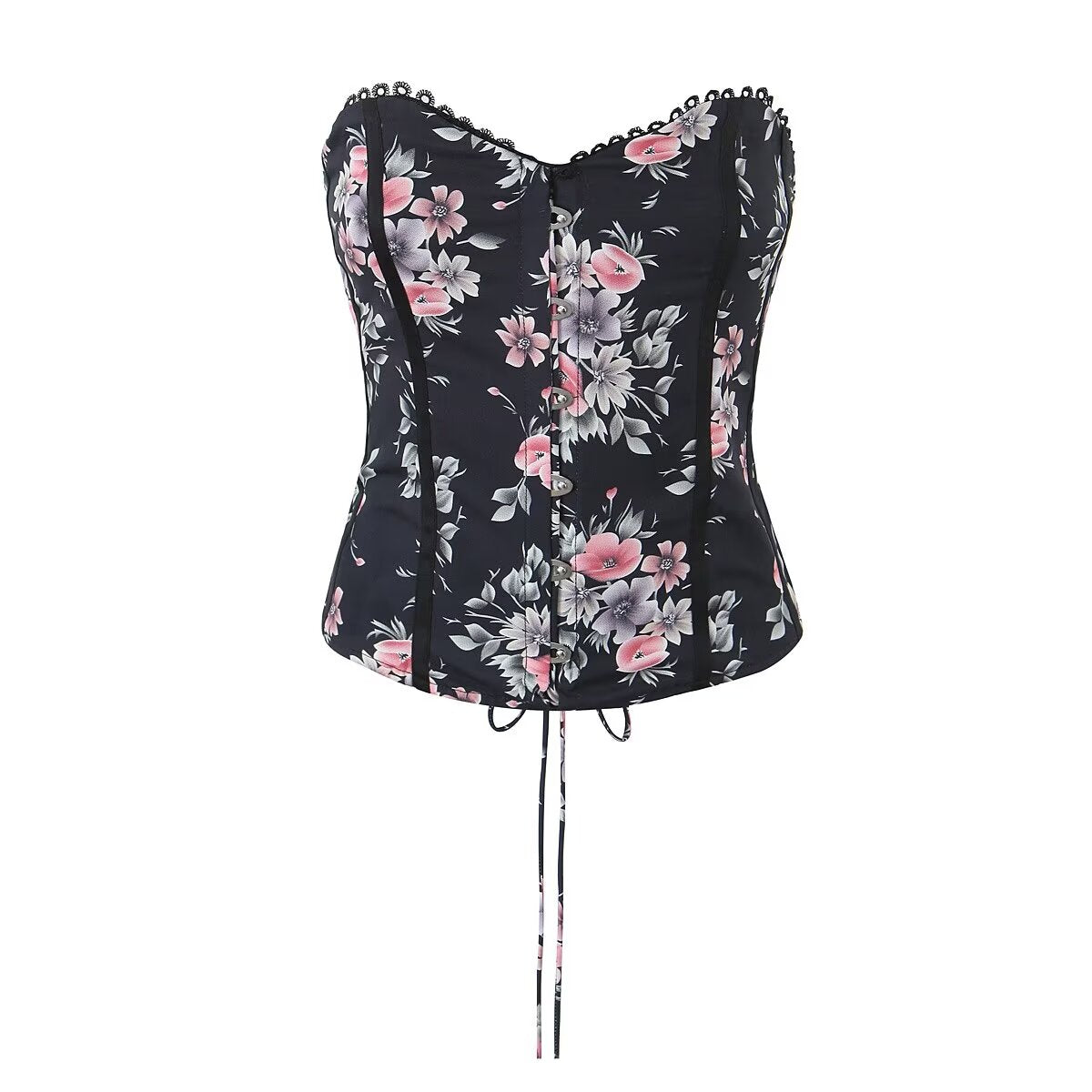 Ropa de mujer Sexy dulce picante Floral sin tirantes Top diseño de correa encaje costura deshuesado corsé chaleco