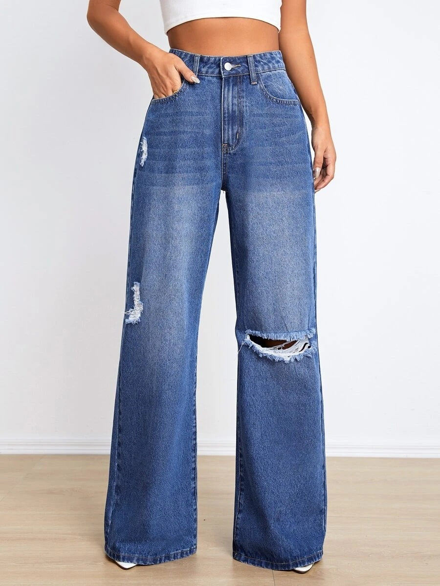 Women Clothing Jeans High Waist Loose Hole Slimming Wide Leg Pants