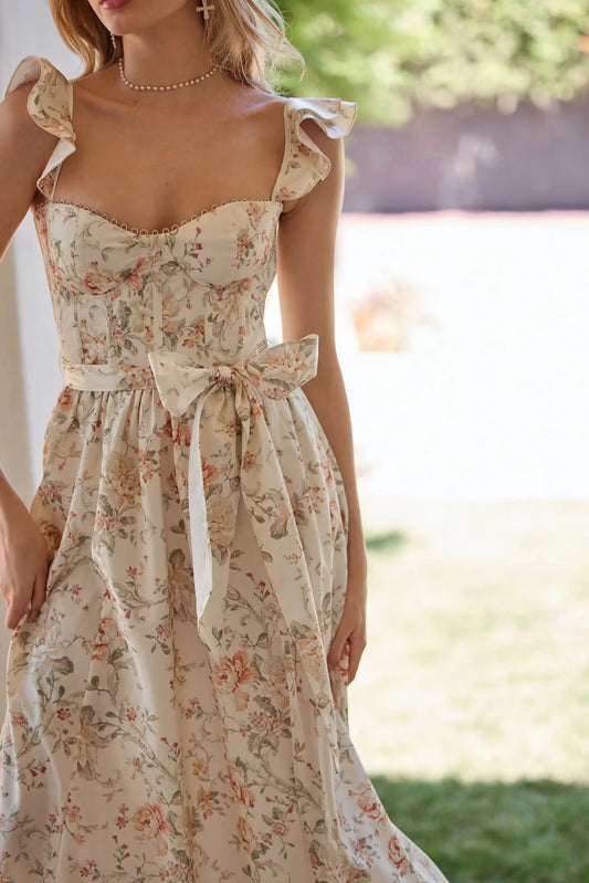 Vestido ajustado con cordones y cintura estampada de primavera