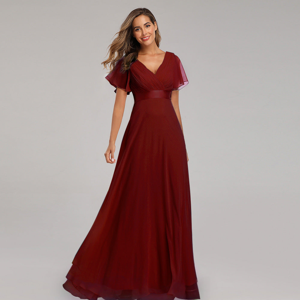 Handgefaltetes großes Kleid mit V-Ausschnitt, Chiffon, elastisch, Bankett, Brautjungfern-Abendkleid für Damen