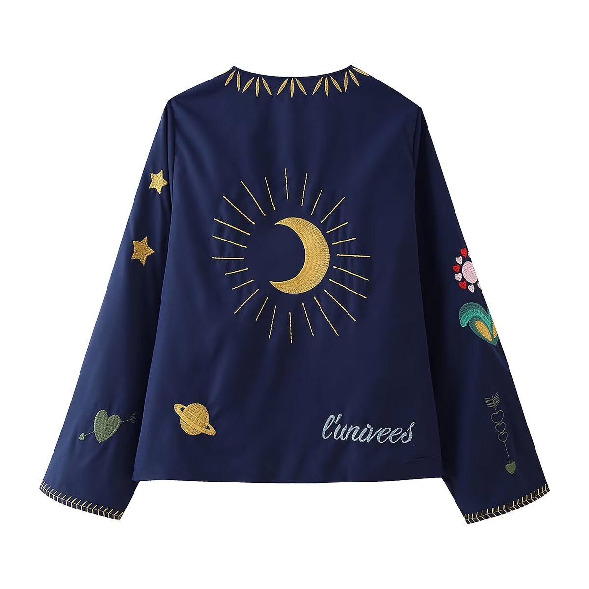 Spring Autumn Women Clothing Round Neck Tied Embroidered Loose All Matching Long Sleeve Coat Top