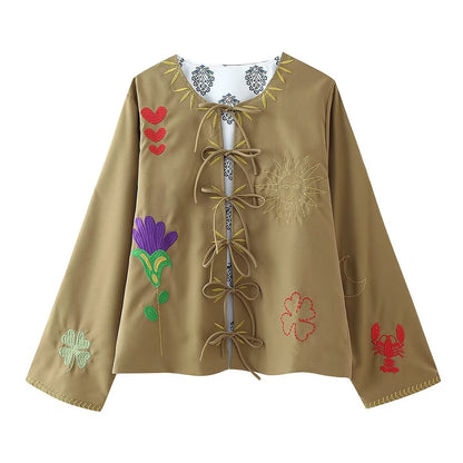 Spring Autumn Women Clothing Round Neck Tied Embroidered Loose All Matching Long Sleeve Coat Top