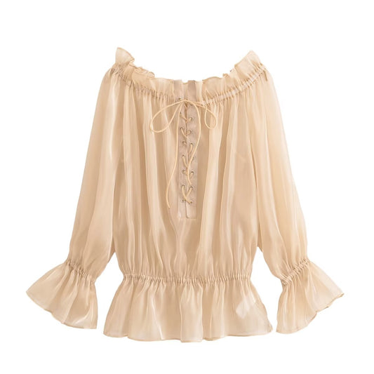 Frühlings-Damenbekleidung All Match Simple Apricot Rope Off Shoulder Shirt