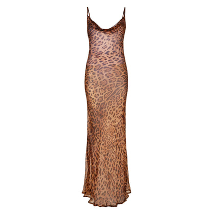 Frauen tragen bedrucktes rückenfreies Etuikleid, sexy Camisole-Kleid, sexy Kleid mit Leopardenmuster