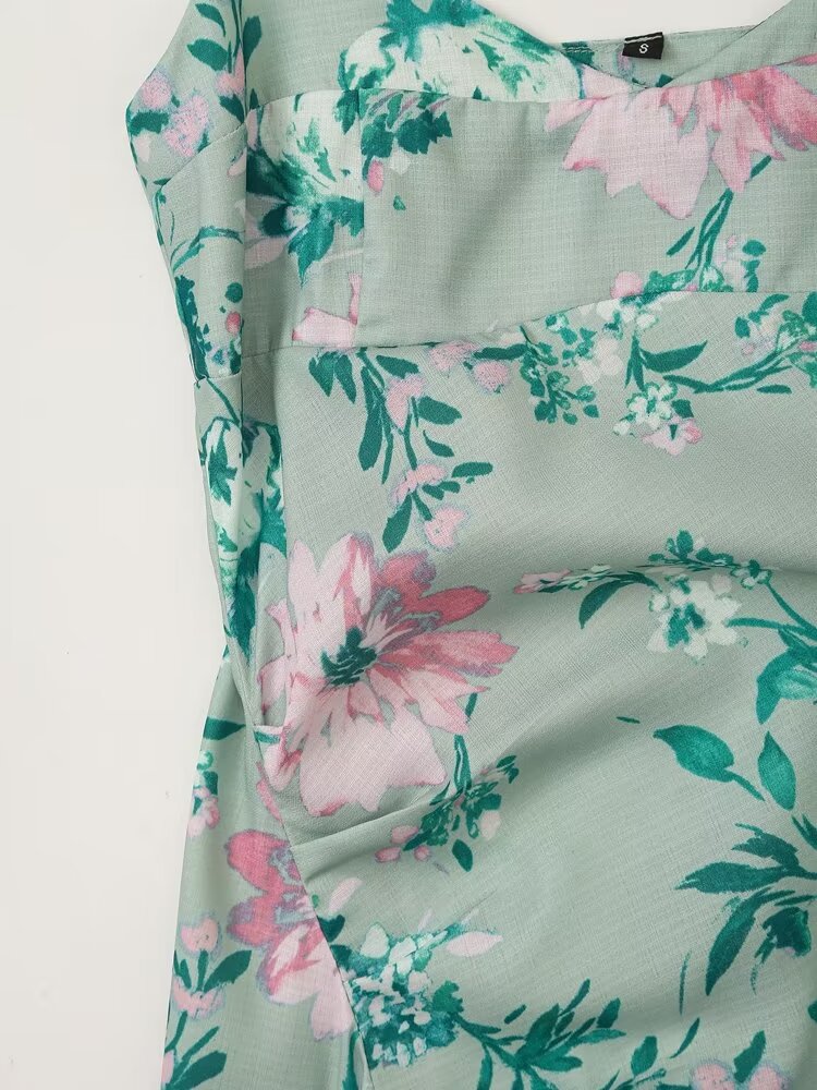 Women Linen Blended Floral Print Midi Sling Dress