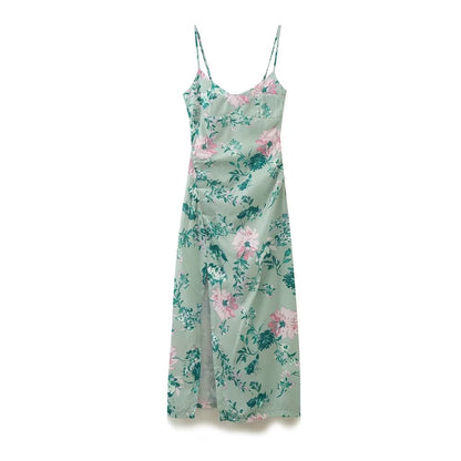 Women Linen Blended Floral Print Midi Sling Dress