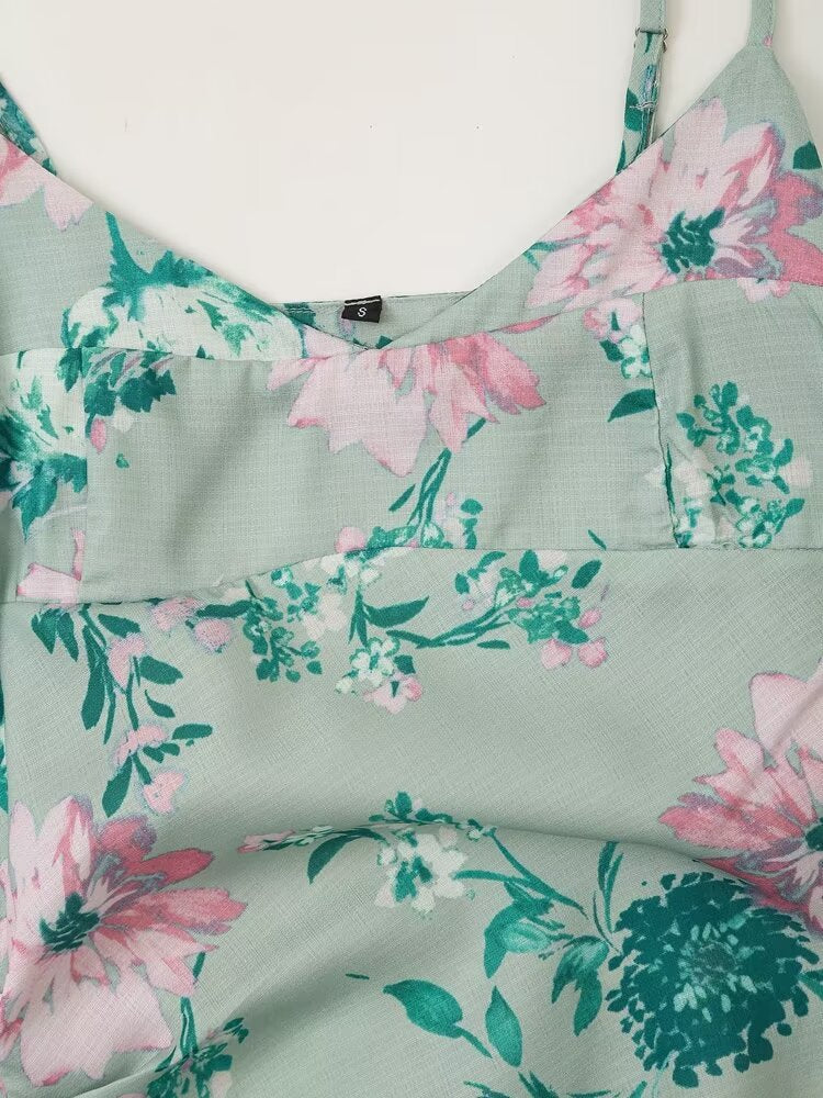 Vestido midi con tirantes y estampado floral en mezcla de lino para mujer