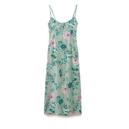 Vestido midi con tirantes y estampado floral en mezcla de lino para mujer