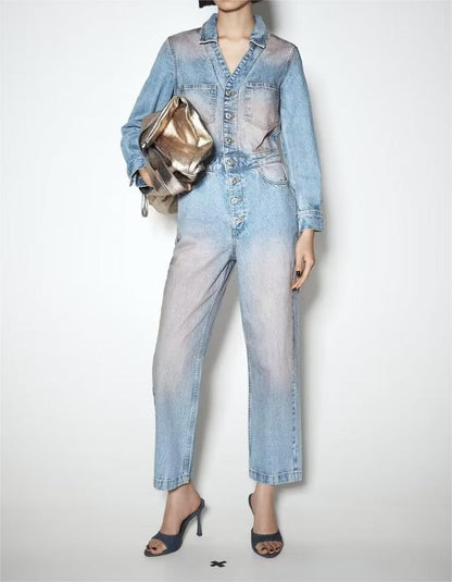 Women Clothing French Washed Denim Jumpsuit