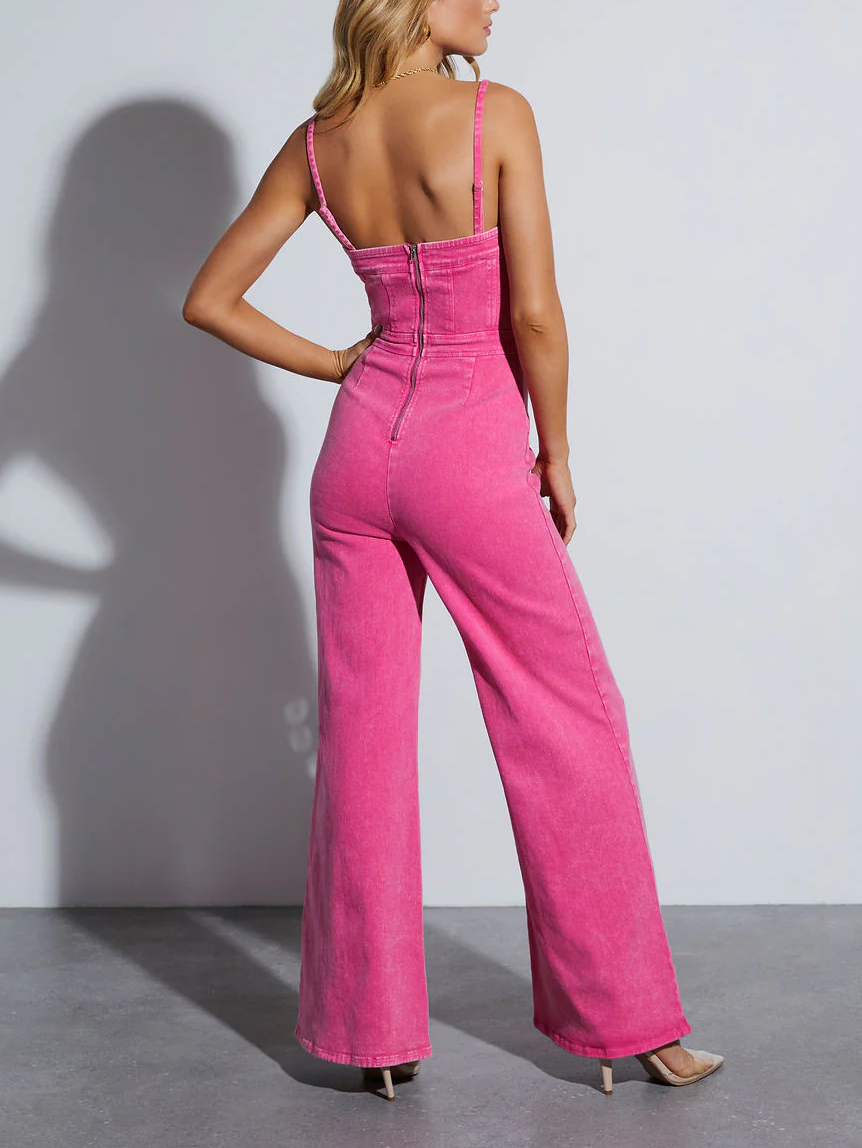 Sommer-Jumpsuit für Damen · Baumwoll-Denim, gewaschen, Hosenträger, schmale Passform, hochelastische Bootcut-Hose