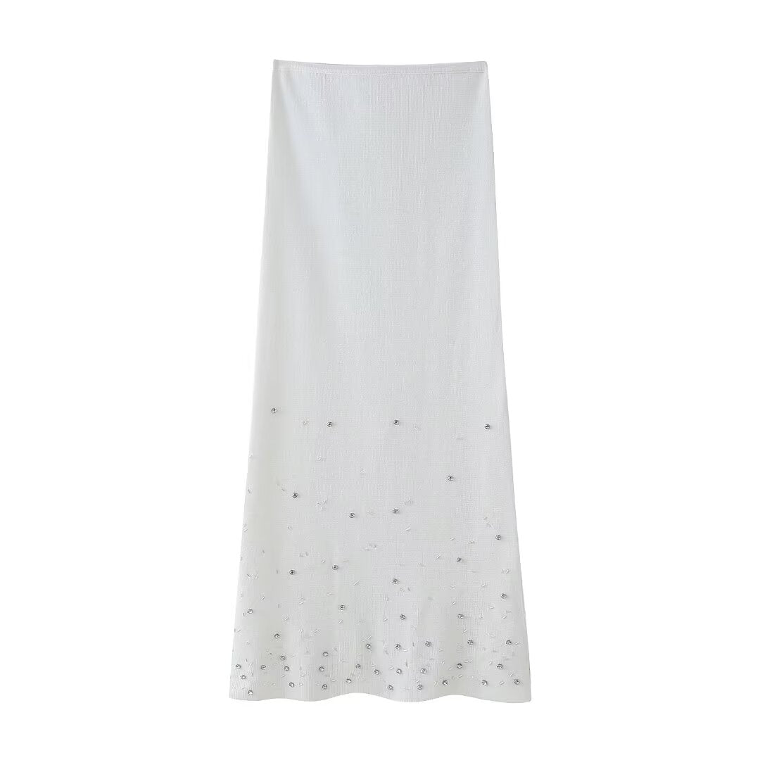 Beaded Short Knitted Top Women Midi Skirt Knitted Skirt Set